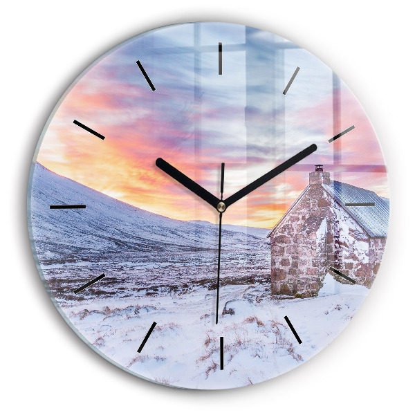 Round glass clock Cottage in the mountains