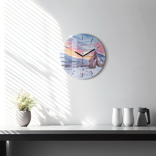 Round glass clock Cottage in the mountains