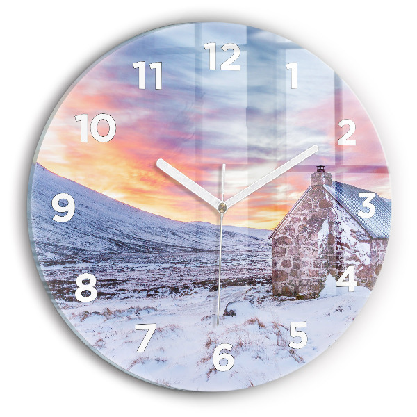 Round glass clock Cottage in the mountains