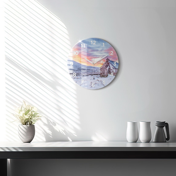 Round glass clock Cottage in the mountains