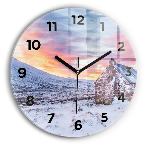 Round glass clock Cottage in the mountains