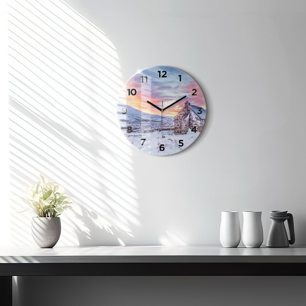 Round glass clock Cottage in the mountains