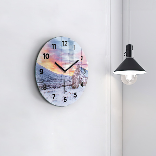 Round glass clock Cottage in the mountains