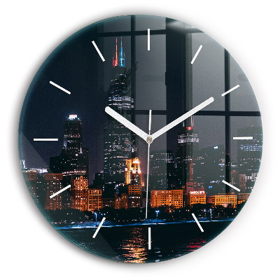 Round glass clock Chicago Cityscape