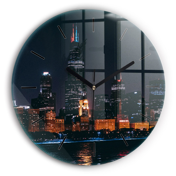 Round glass clock Chicago Cityscape