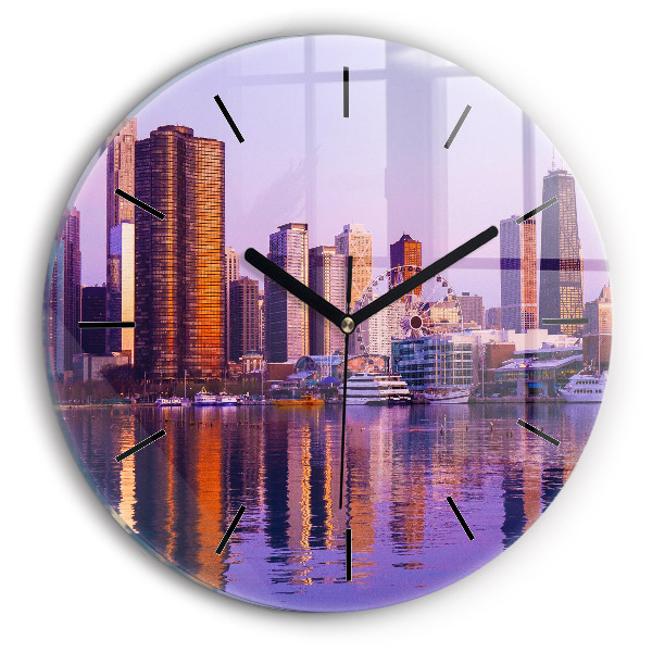 Round glass clock View of the skyscrapers of the USA