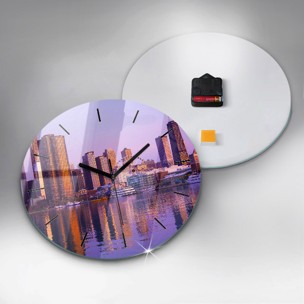 Round glass clock View of the skyscrapers of the USA