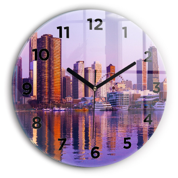 Round glass clock View of the skyscrapers of the USA