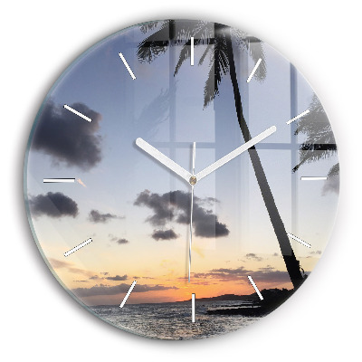 Round glass clock Palm tree and sunrise