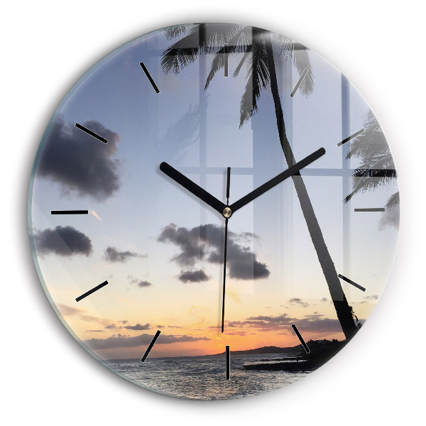 Round glass clock Palm tree and sunrise