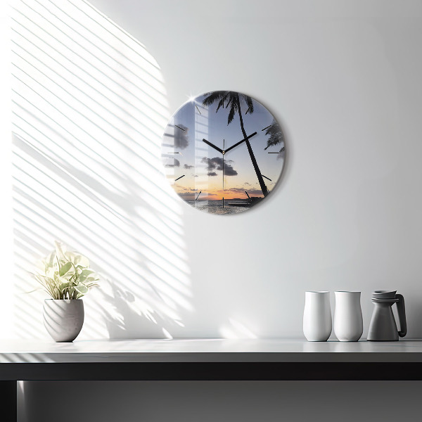 Round glass clock Palm tree and sunrise