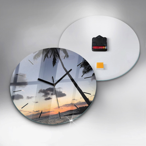 Round glass clock Palm tree and sunrise