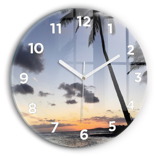 Round glass clock Palm tree and sunrise