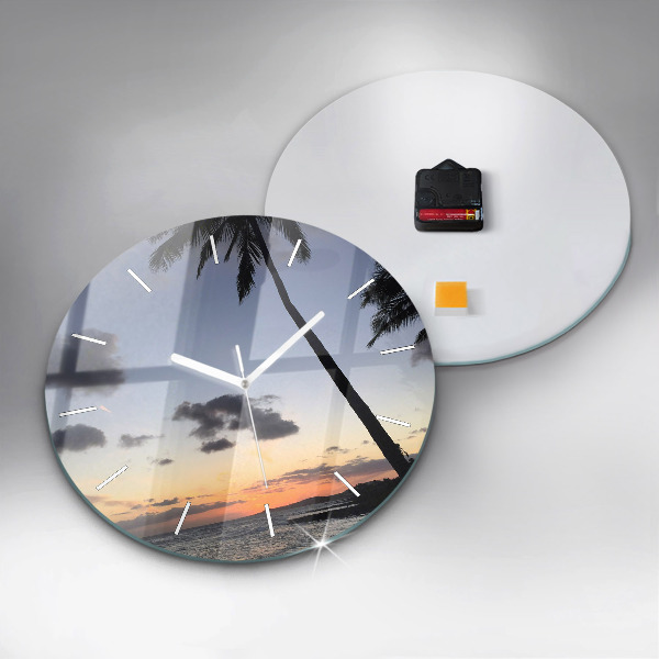 Round glass clock Palm tree and sunrise