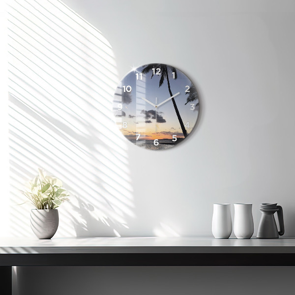 Round glass clock Palm tree and sunrise