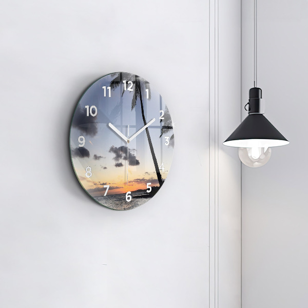 Round glass clock Palm tree and sunrise