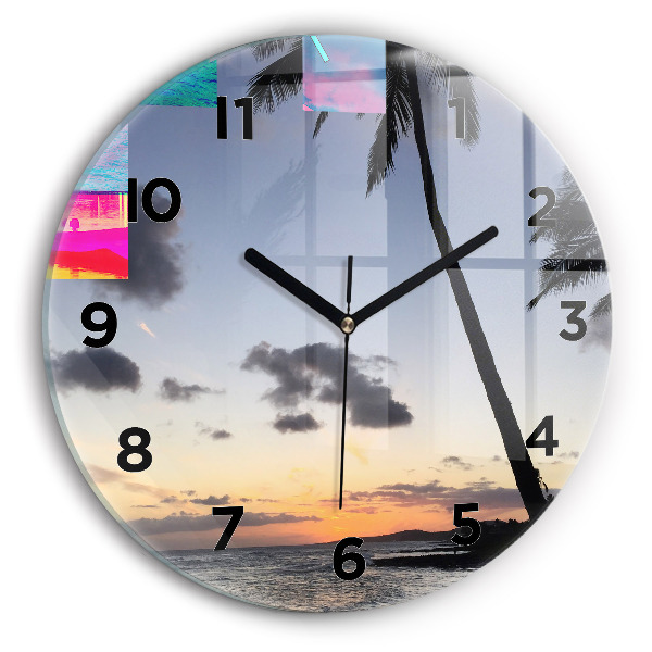 Round glass clock Palm tree and sunrise