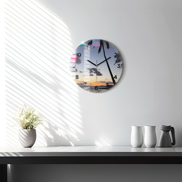 Round glass clock Palm tree and sunrise