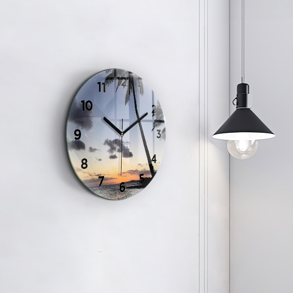 Round glass clock Palm tree and sunrise