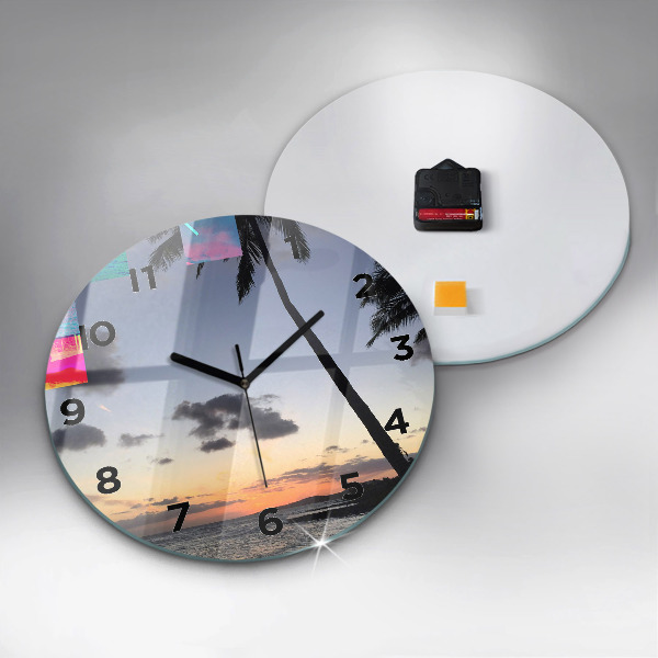 Round glass clock Palm tree and sunrise