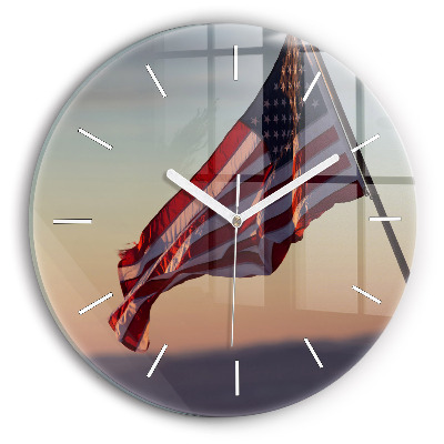 Round glass clock USA flag flying