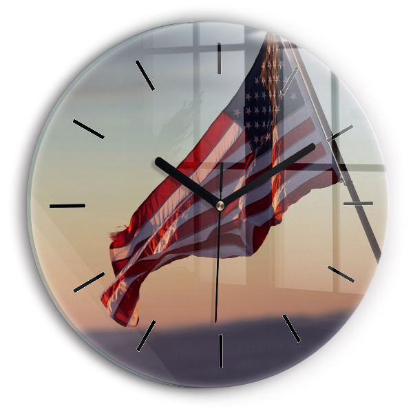 Round glass clock USA flag flying
