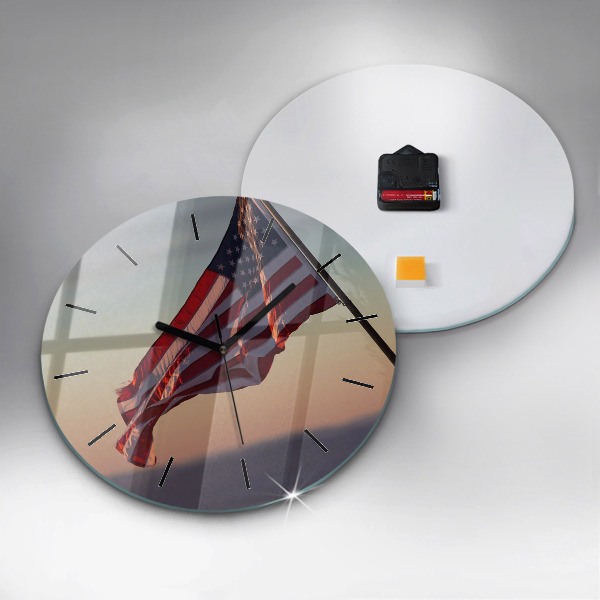 Round glass clock USA flag flying