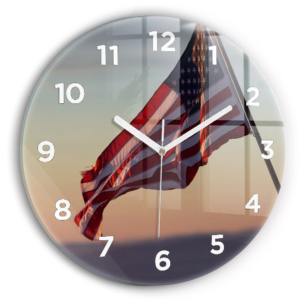 Round glass clock USA flag flying