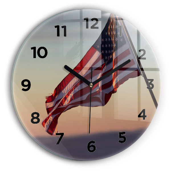 Round glass clock USA flag flying