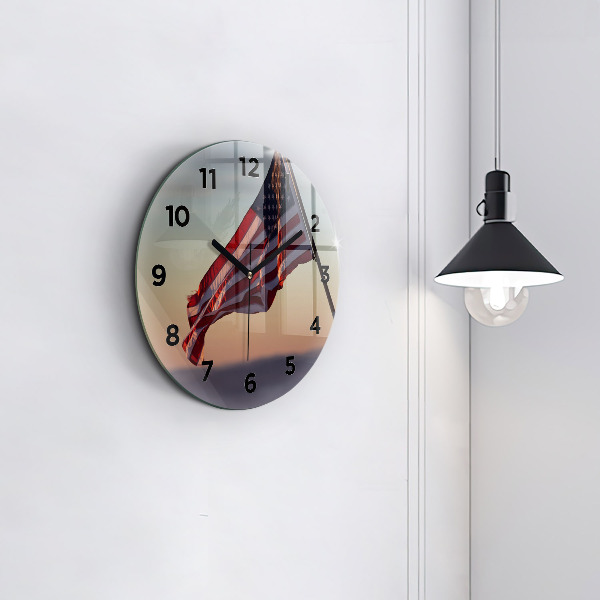 Round glass clock USA flag flying