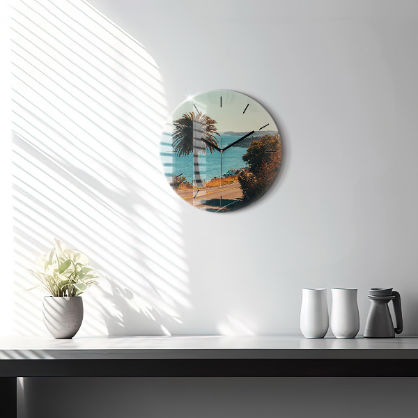 Round glass clock Palm trees in Malibu