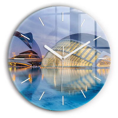 Round glass clock City sunset