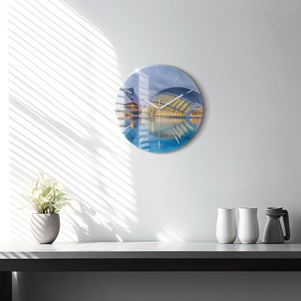 Round glass clock City sunset