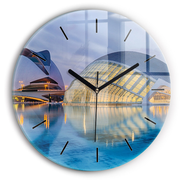Round glass clock City sunset