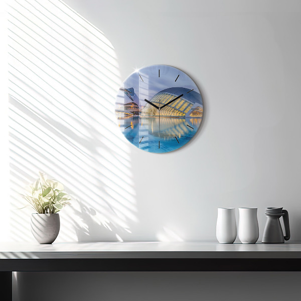 Round glass clock City sunset