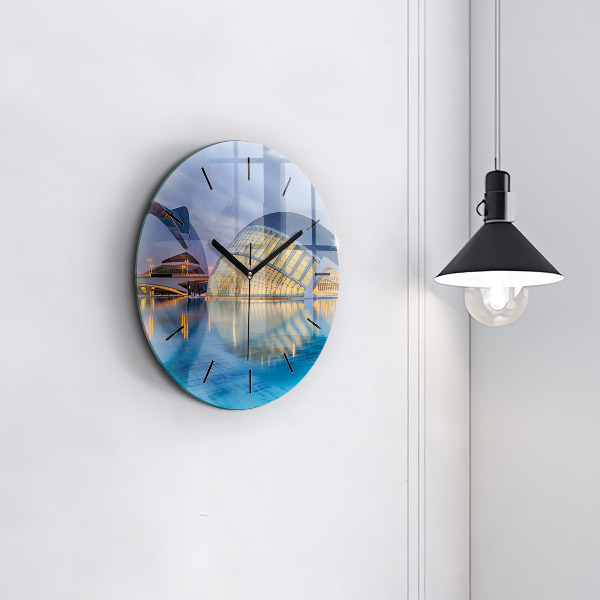 Round glass clock City sunset