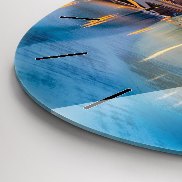 Round glass clock City sunset
