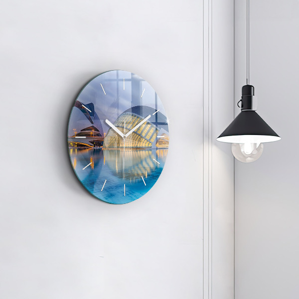 Round glass clock City sunset
