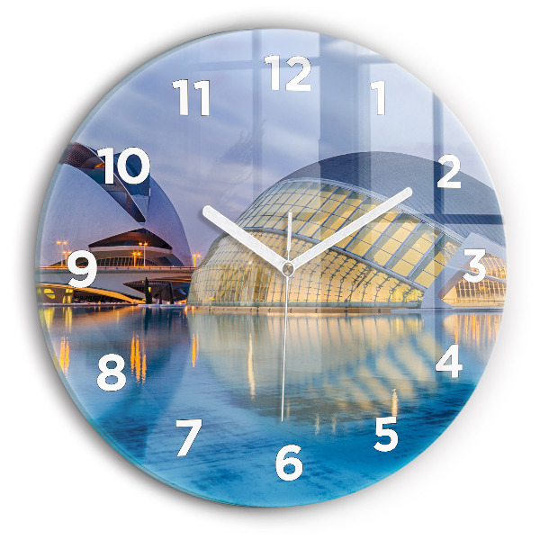 Round glass clock City sunset