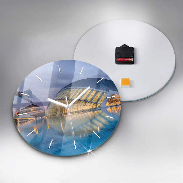 Round glass clock City sunset