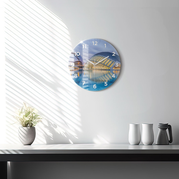 Round glass clock City sunset
