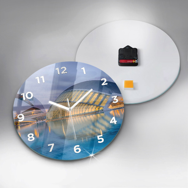 Round glass clock City sunset