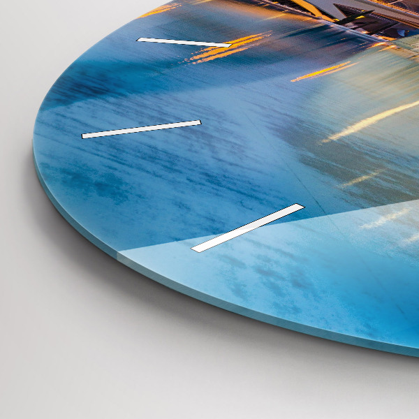 Round glass clock City sunset