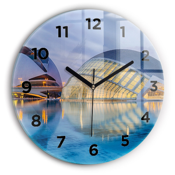 Round glass clock City sunset