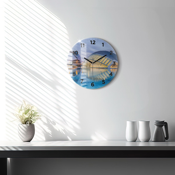 Round glass clock City sunset