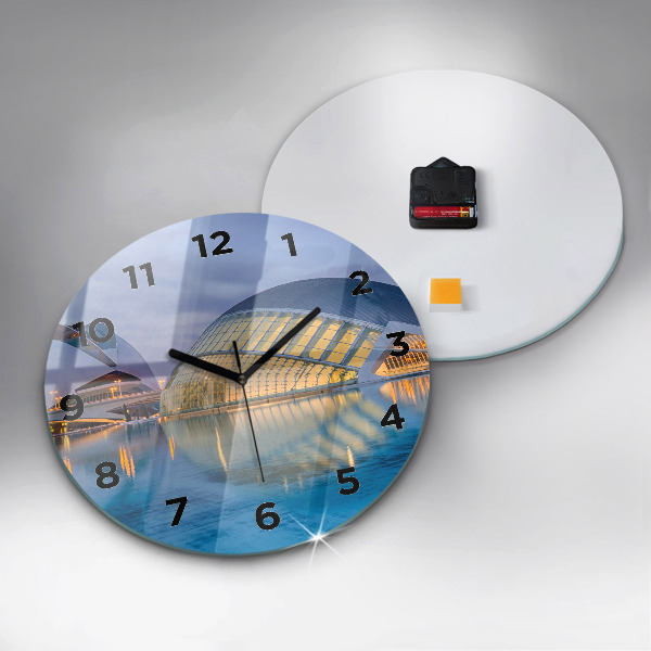 Round glass clock City sunset
