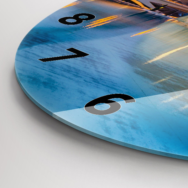 Round glass clock City sunset