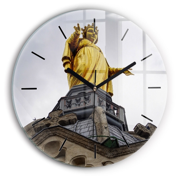 Round glass clock Statue of the Virgin Mary in Lyon