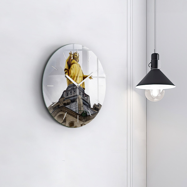 Round glass clock Statue of the Virgin Mary in Lyon