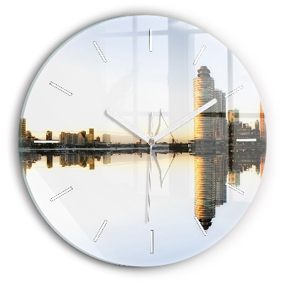 Round glass clock A city on the river